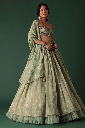 Printed Lehenga & Blouse Set In Banarasi Silk from Kalki Fashion