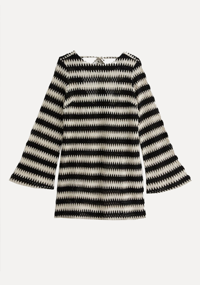 Stripe Crochet Flared Sleeve Mini Beach Dress 