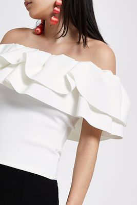 White Frill Bardot Fitted Crop Top