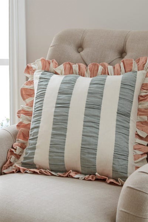 Seersucker Stripe Frill Cotton Square Cushion from Dunelm