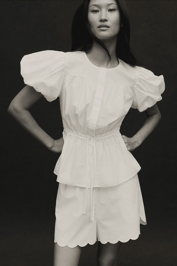 Pure Cotton Puff Sleeve Drawstring Waisted Top from Marks & Spencer