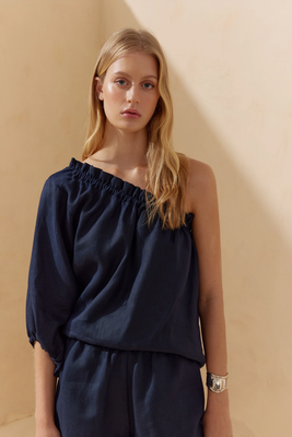 Navy Linen One Sleeve Top from Labeca
