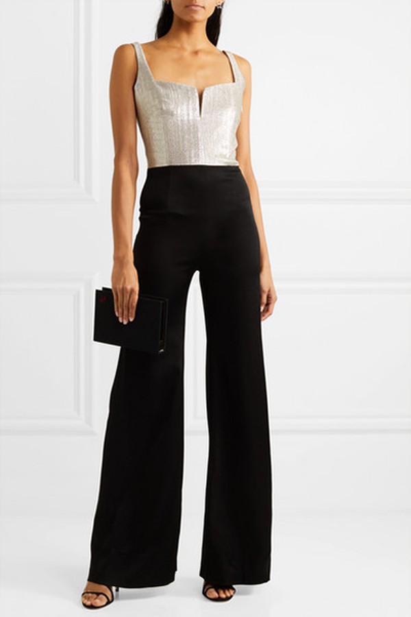 Two-Tone Metallic Crepe & Satin Jumpsuit from Galvan