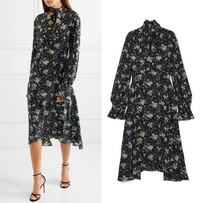 Pussy-Bow Floral-Print Silk Crepe De Chine Midi Dress from LES RÊVERIES