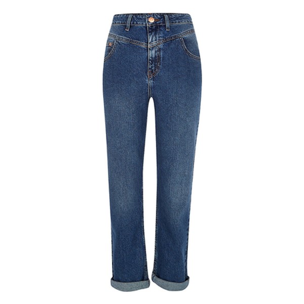 Dark Blue Mom Rolled Hem Denim Jeans