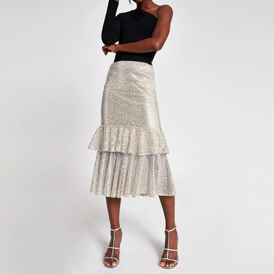 Silver Sequin Frill Midi Skirt