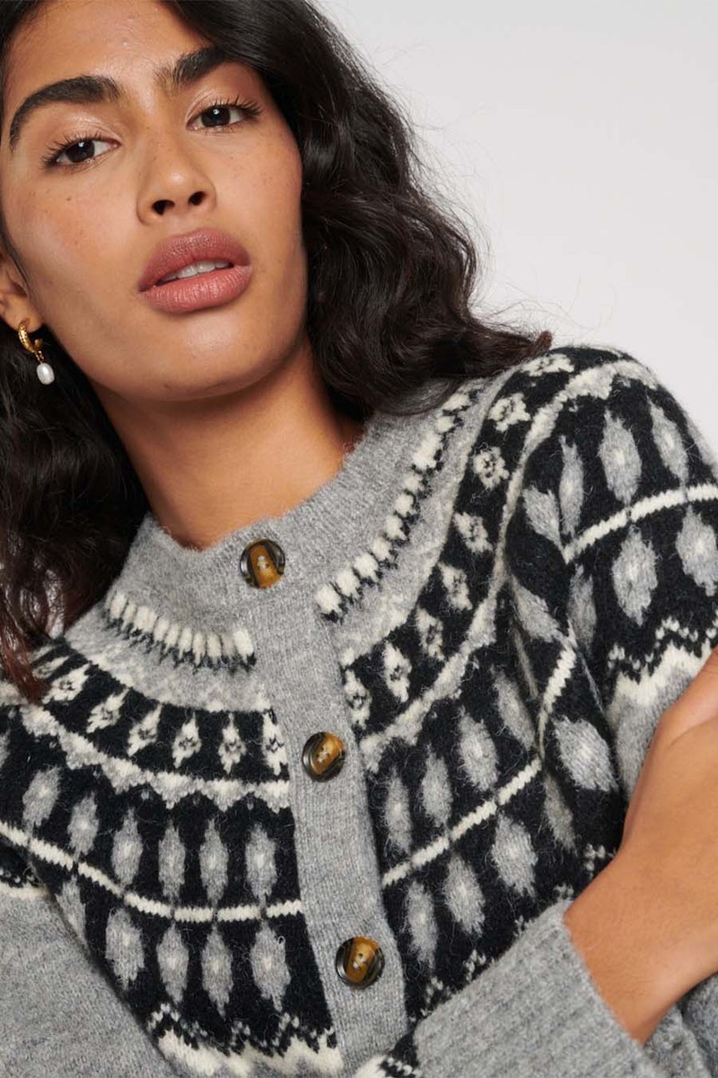 Grey Fair Isle Wool Blend Knitted Cardigan from Nobody's Child