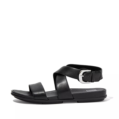 Gracie Buckle Leather Ankle-Strap Sandals All Black