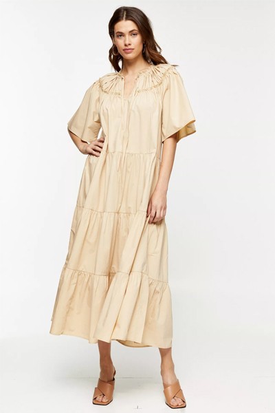 Sand Poplin Smock Midi Dress