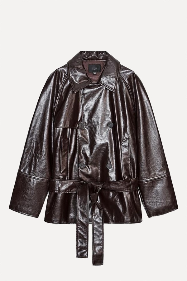 Faux Leather Short Trench Coat