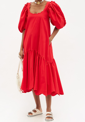 Scalloped Puff-Sleeve Cotton-Blend Dress from Kika Vargas