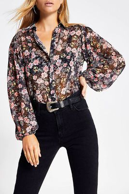 Black Floral Long Sleeve Sheer Shirt