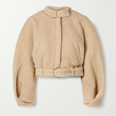 Joan Buckled Cropped Bouclé Bomber Jacket from Cult Gaia