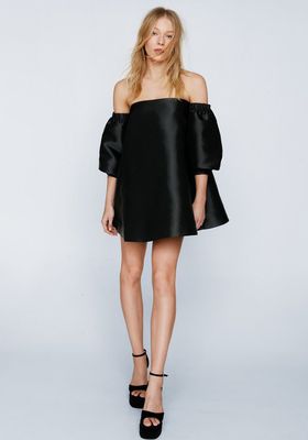 Structured Bardot Puff Sleeve Mini Prom Dress
