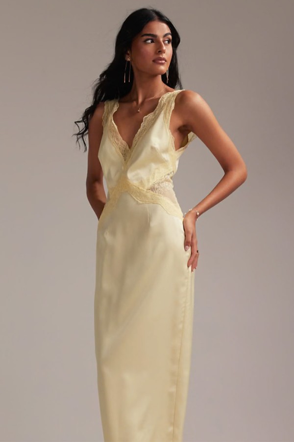 Bridesmaids Plunge Neck Lace Detail Satin Column Maxi Dress from ASOS DESIGN