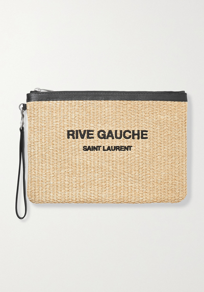 Noe Leather-Trimmed Embroidered Raffia Pouch from Saint Laurent