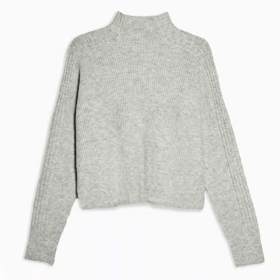 Grey Knitted Cropped Funnel Neck Jumper