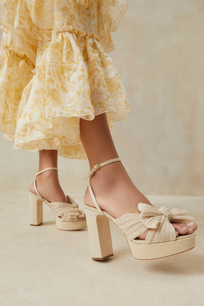 Natalia Bow-Emebllished Plissé-Lamé Platform from £400