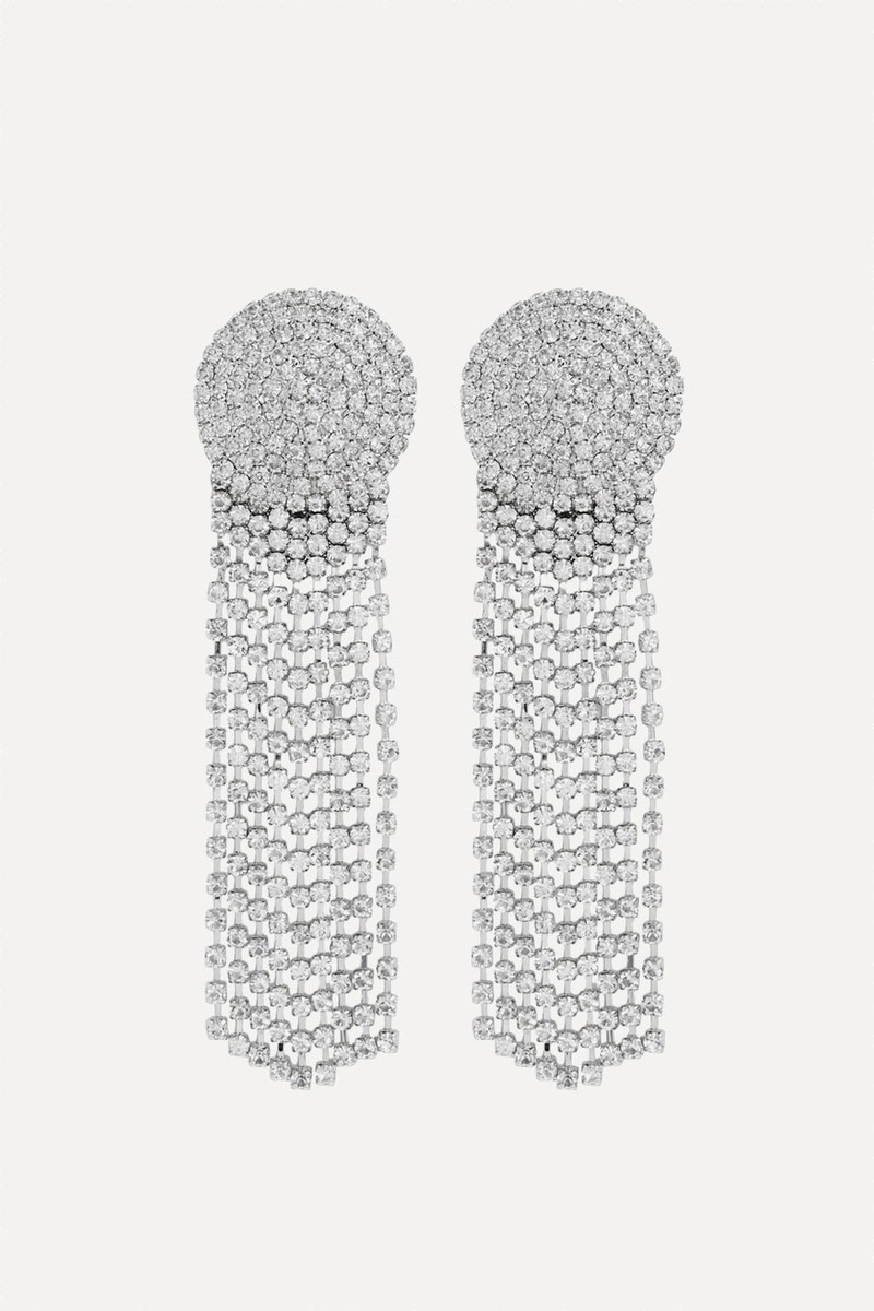 Crystal-Embellished Fringe Silver-Plated Drop Earrings from Self-Portrait