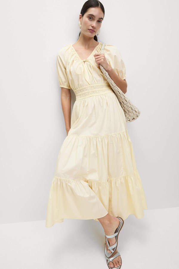 Pure Cotton V-Neck Midi Waisted Dress