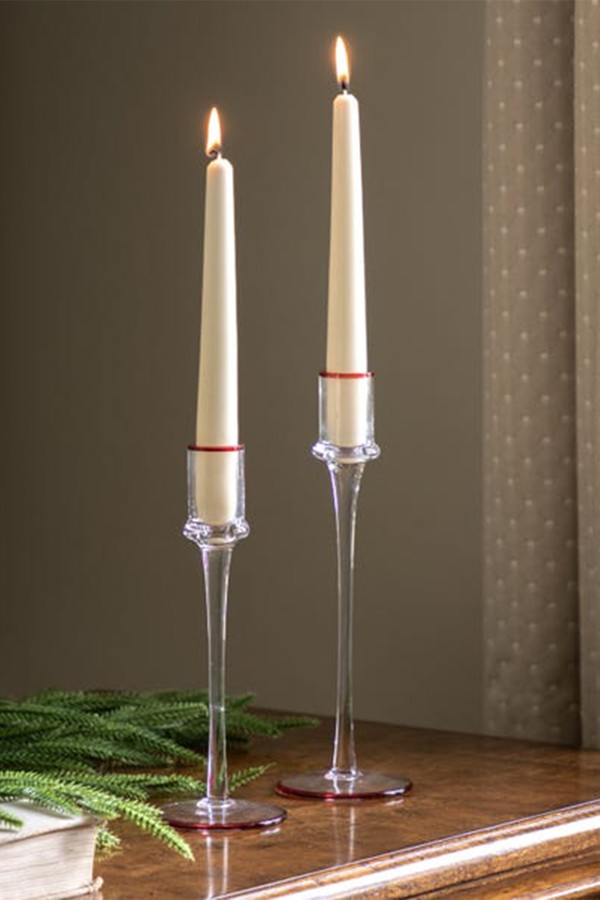 Set Of 2 Red Rim Icicle Glass Candle Stick Holders