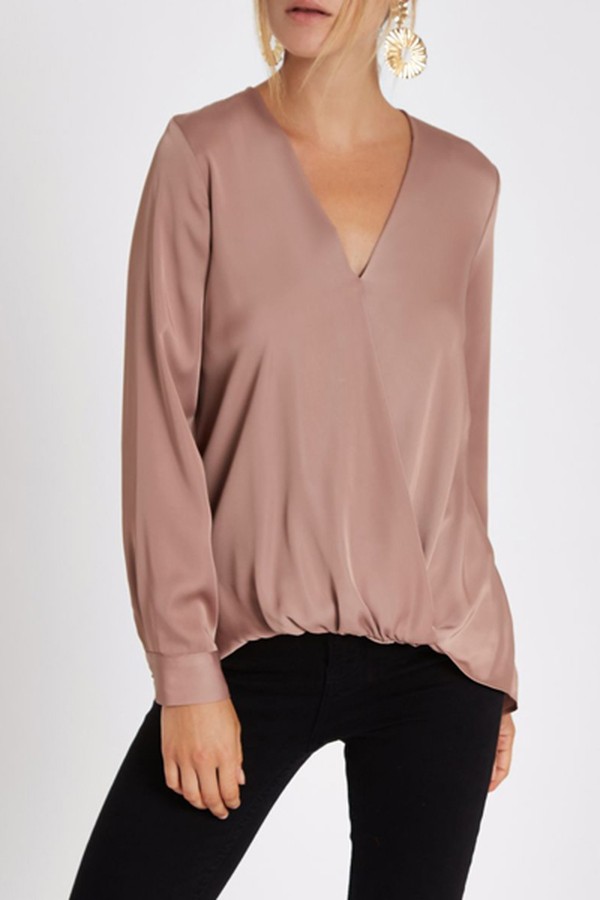 Wrap Tuck Front Long Sleeve Blouse