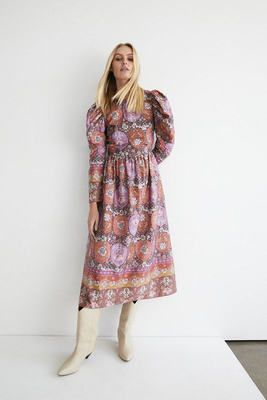 Border Print Cotton Sateen Midi Dress from Warehouse