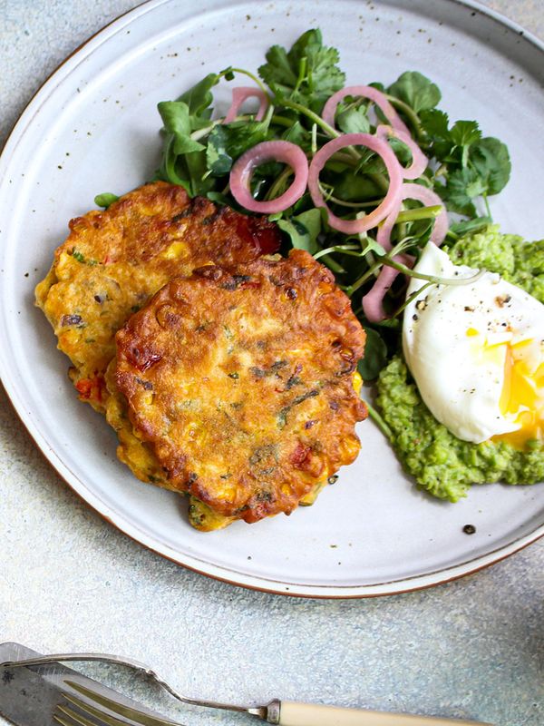 Corn Fritters With Smashed Peas, Quick-Pickled Onions & Poached Eggs
