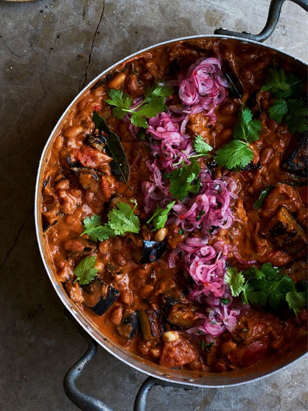 Aubergine & Peanut Stew With Pink Onions 