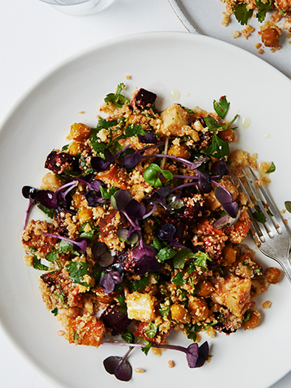 Warm Cauliflower Couscous Salad With Roasted Roots, Hazelnuts & Crispy Spiced Chickpeas