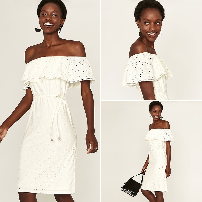 Broderie Bardot Dress In White