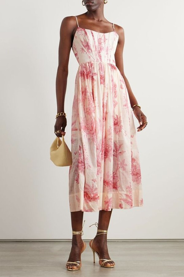 Waverly Pleated Floral-Print Cotton Bustier Midi Dress from Zimmermann