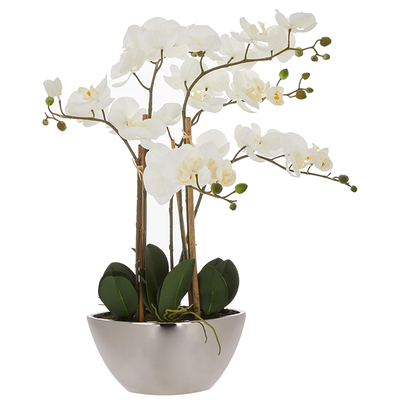 White Artificial Orchid In Silver Tone Pot