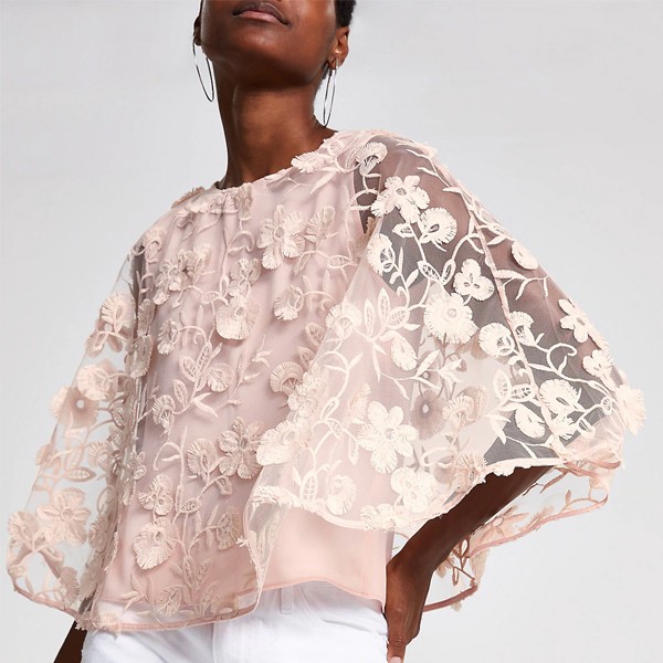 Pink Floral Embellished Cape Top