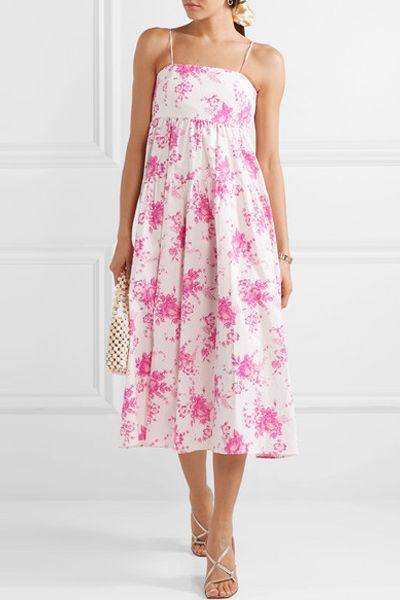 Pleated Floral-Print Cotton-Poplin Midi Dress from Les Reveries