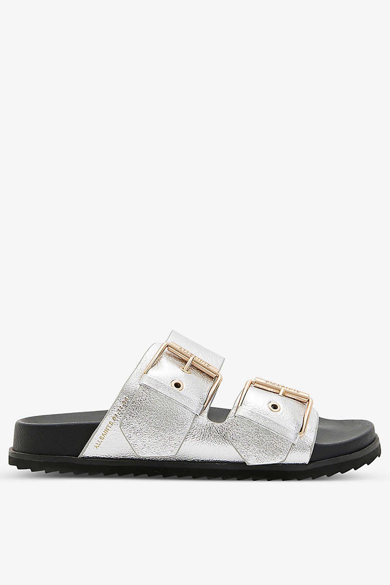 Sian Double-Strap Metallic Leather Sandals from AllSaints