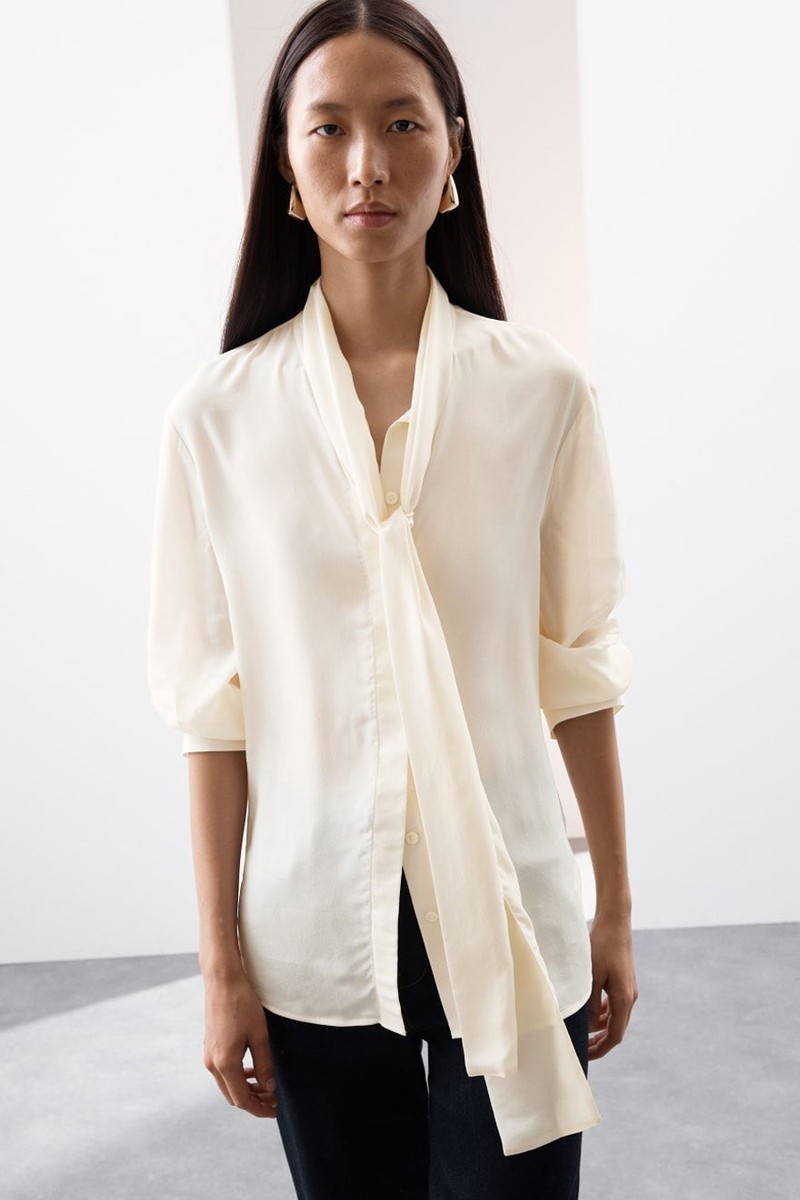 Silk Blend Tie Neck Button Through Blouse