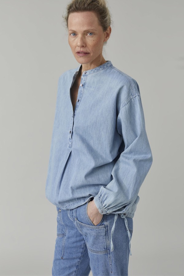 Denim Blouse With Stand Up Collar