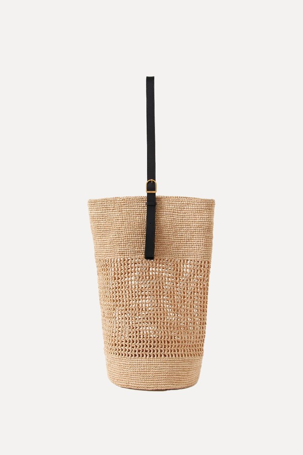 Billie Leather-Trimmed Raffia Bucket Bag from KHAITE