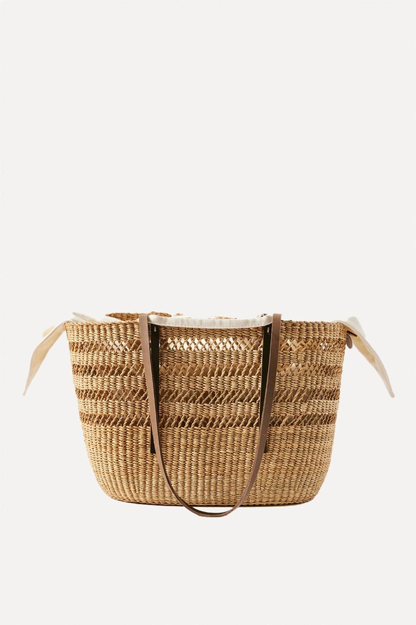 Bicro M Leather-Trimmed Woven Straw Tote from MUUÑ