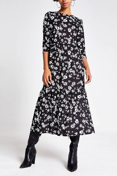 Black Floral Smock Dress