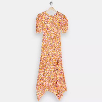 Orange Ditsy Ruched Sleeve Midi Dress