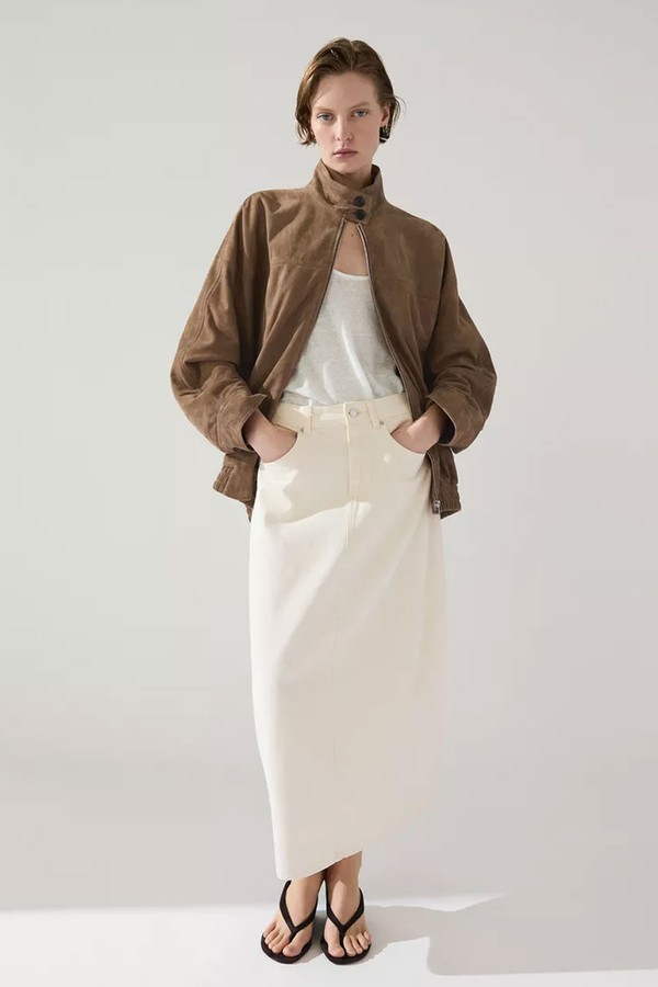 Barrel Fit Denim Midi Skirt 