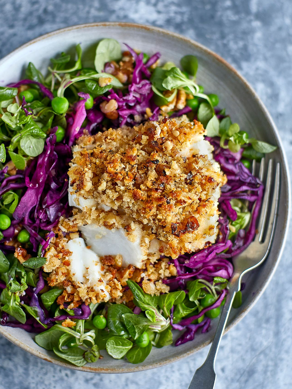 Herb & Walnut Crumbed Fish With Pickled Red Cabbage