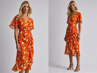 Orange Floral Print Ruched Midi Dress