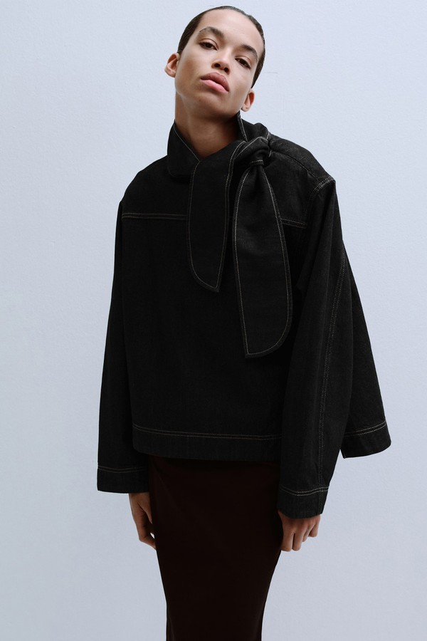 Denim Blouse With Knot Neck 