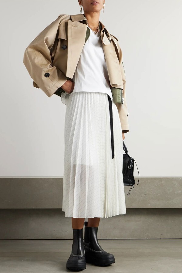Belted Pleated Striped Voile Midi Skirt
