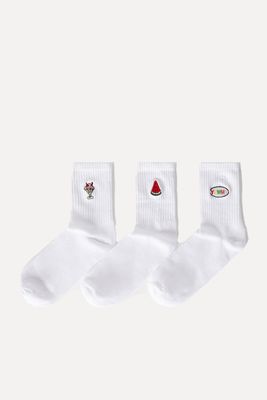 Pack Of 3 Embroidered Ankle Socks from Bershka