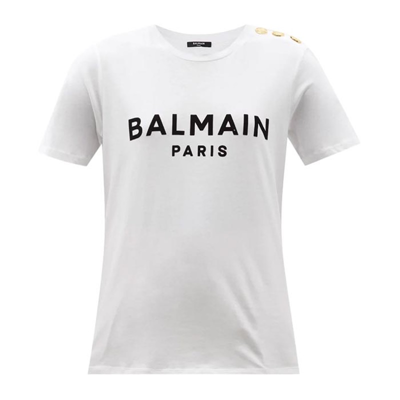 Buttoned Shoulder Logo Print Cotton Jersey T-Shirt from Balmain