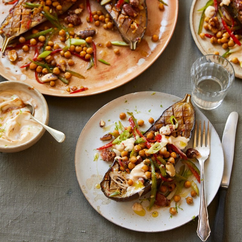 Roasted Aubergine With Chickpea Salad & Chilli Caramelised Nuts